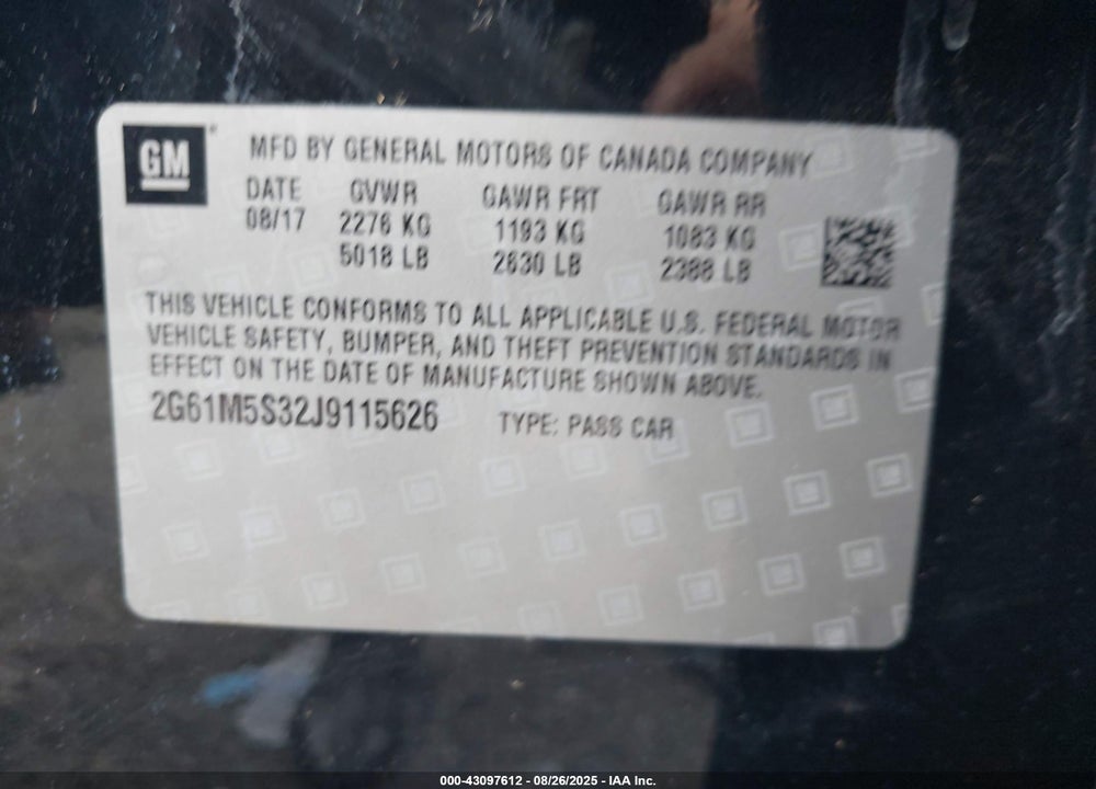 2018 CADILLAC XTS VIN: 2G61M5S32J9115626