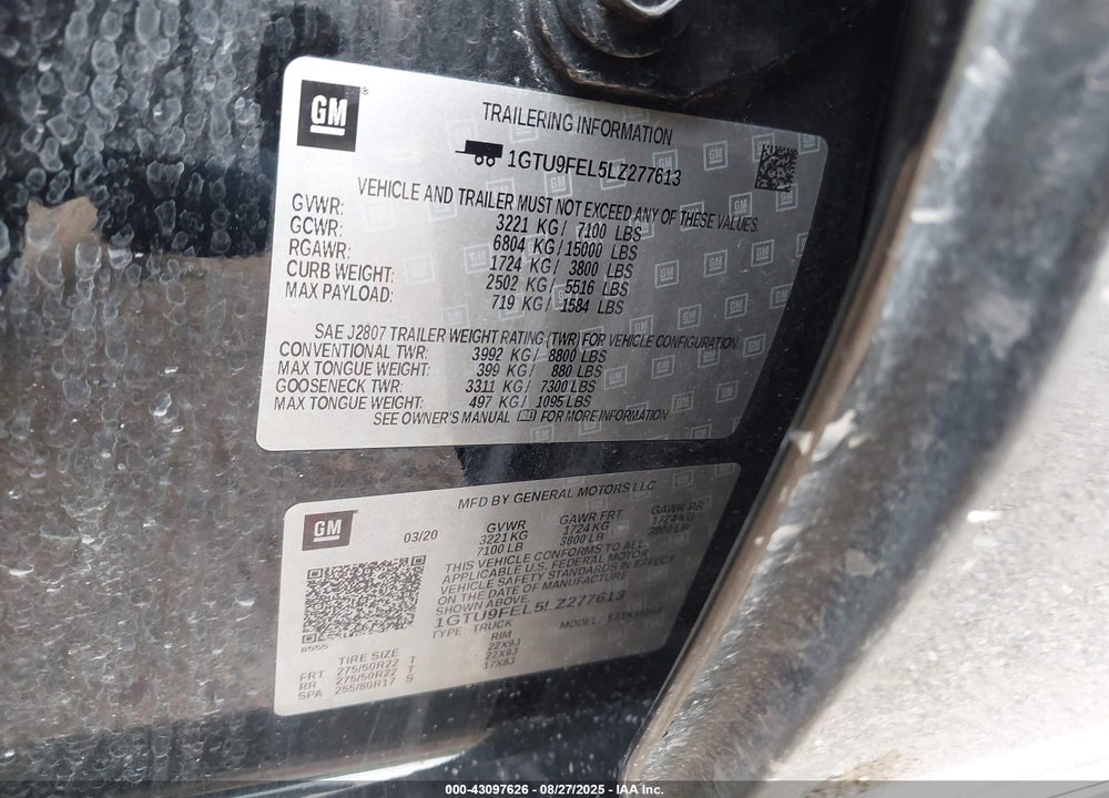 2020 GMC SIERRA 1500 VIN: 1GTU9FEL5LZ277613