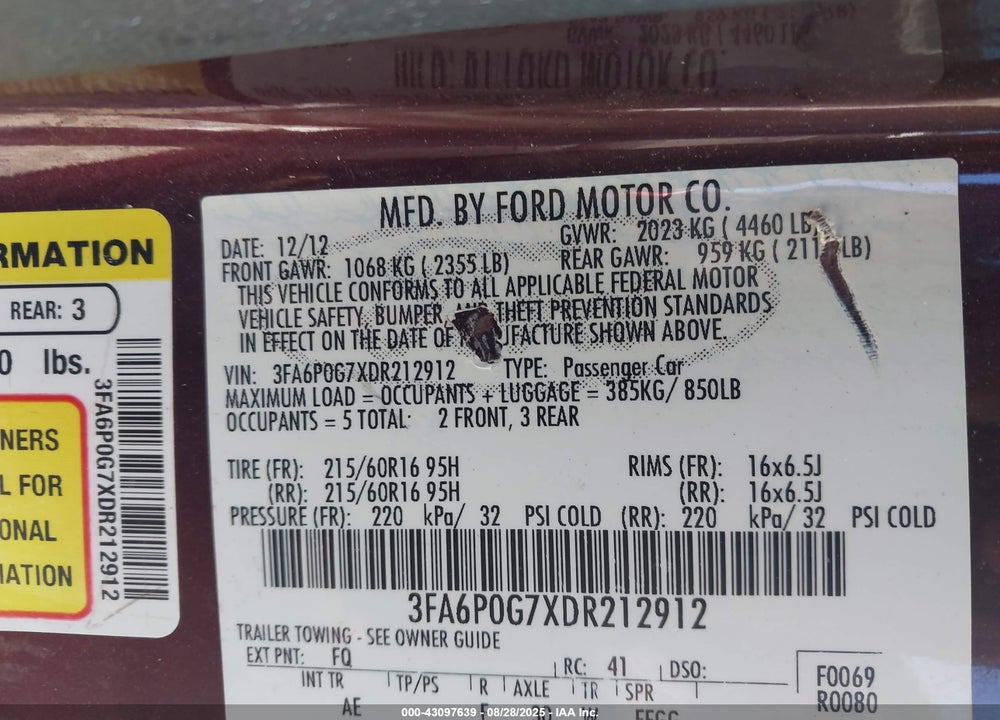 2013 FORD FUSION VIN: 3FA6P0G7XDR212912
