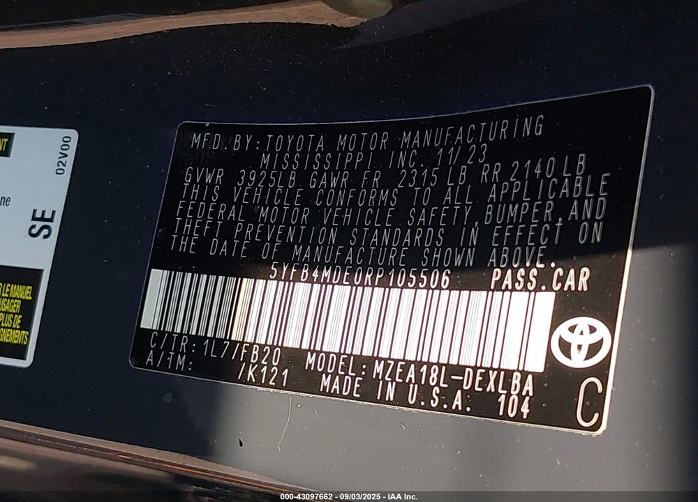 2024 TOYOTA COROLLA VIN: 5YFB4MDE0RP105506