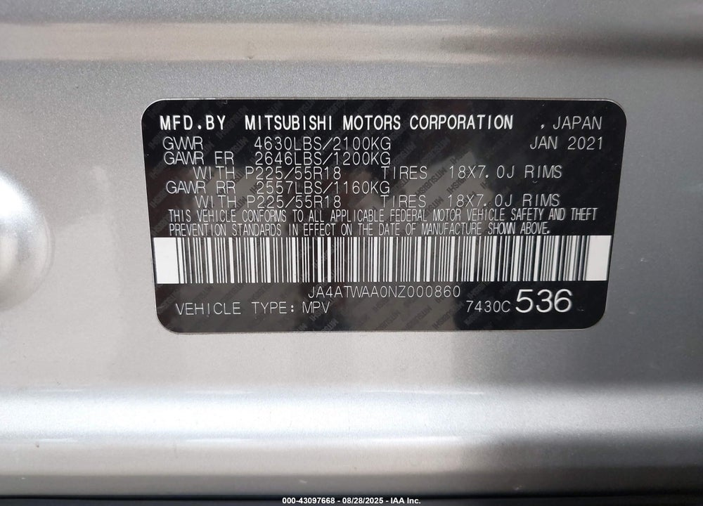 2022 MITSUBISHI ECLIPSE CROSS SE S-AWC/SE SPECIAL EDITION S-AWC/SEL S-AWC/SEL SPECIAL EDITION S-AWC VIN: JA4ATWAA0NZ000860