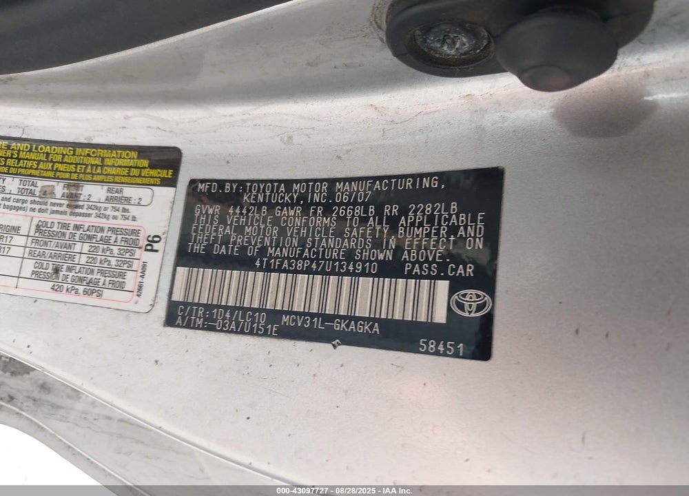 2007 TOYOTA CAMRY VIN: 4T1FA38P47U134910