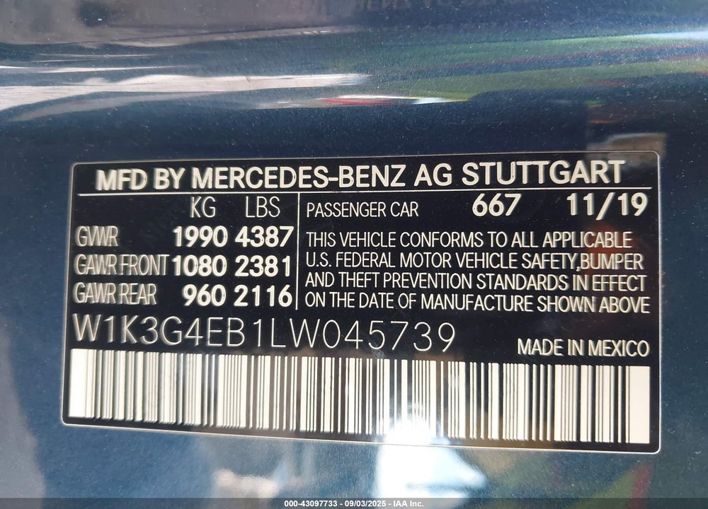 2020 MERCEDES-BENZ A-CLASS VIN: W1K3G4EB1LW045739