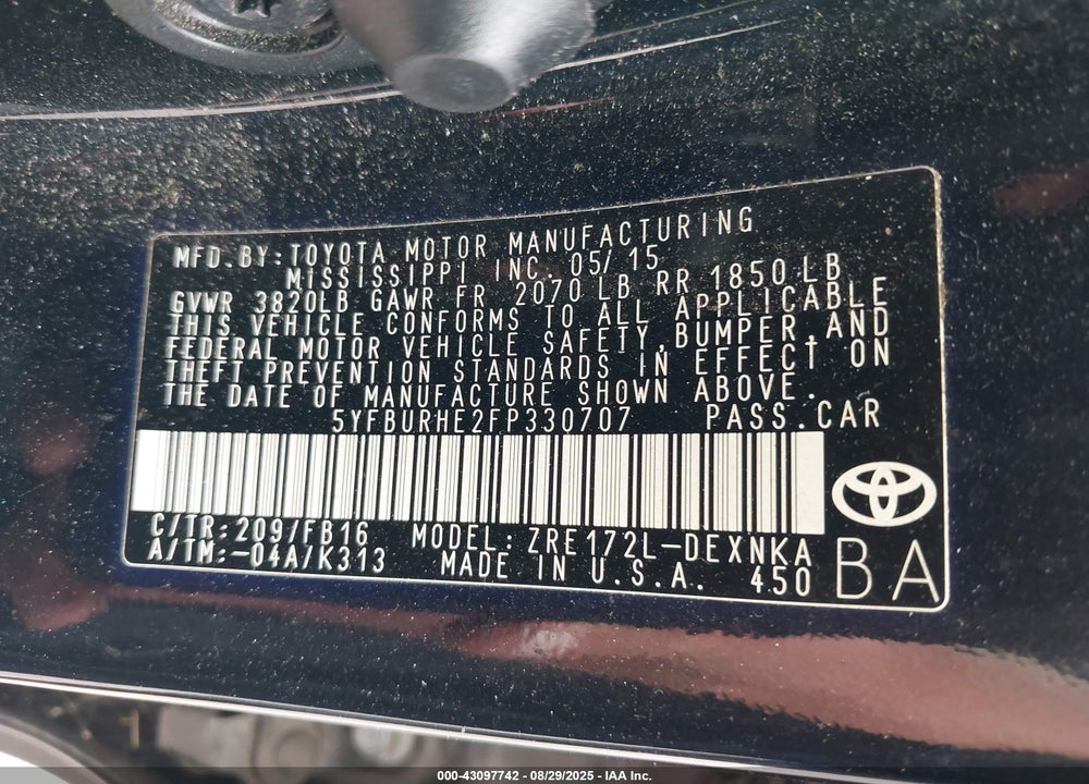 2015 TOYOTA COROLLA VIN: 5YFBURHE2FP330707