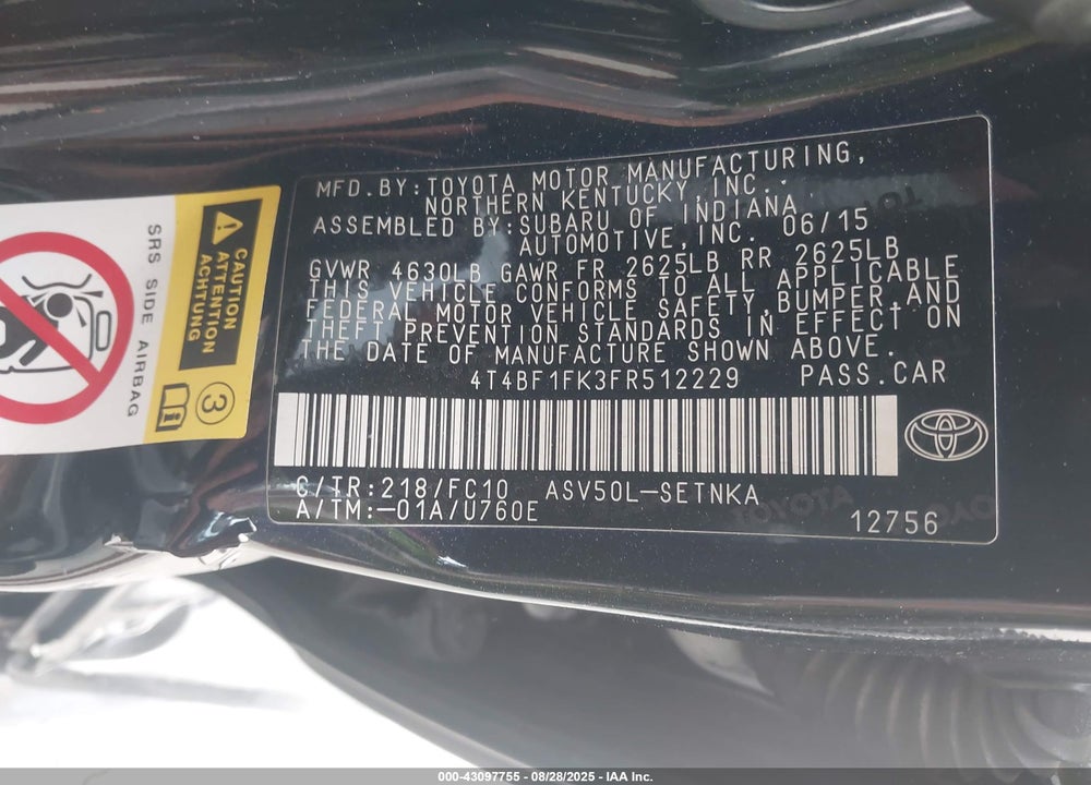 2015 TOYOTA CAMRY VIN: 4T4BF1FK3FR512229