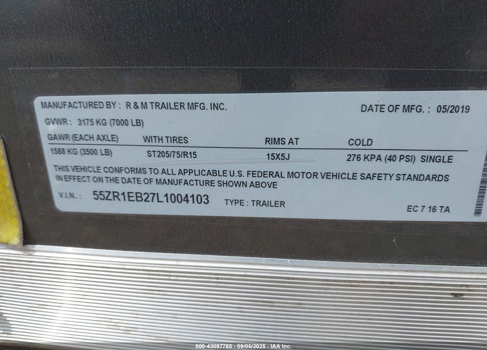 2019 R AND M ENCLOSED TRAILER VIN: 55ZR1EB27L1004103