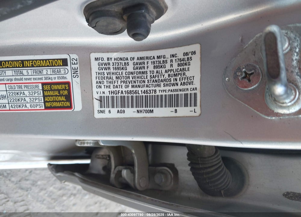 2006 HONDA CIVIC EX VIN: 1HGFA16856L146378