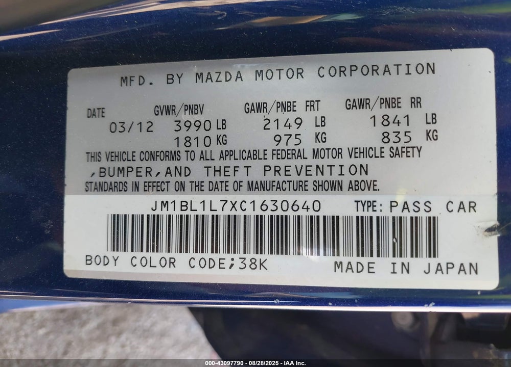 2012 MAZDA 3 VIN: JM1BL1L7XC1630640