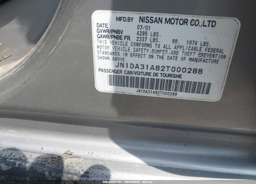 2002 NISSAN MAXIMA SE VIN: JN1DA31A82T000288