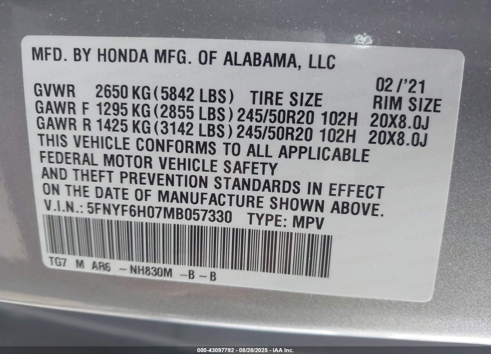 2021 HONDA PILOT VIN: 5FNYF6H07MB057330