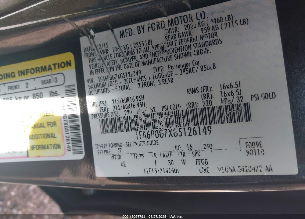 2016 FORD FUSION S VIN: 1FA6P0G7XG5126149