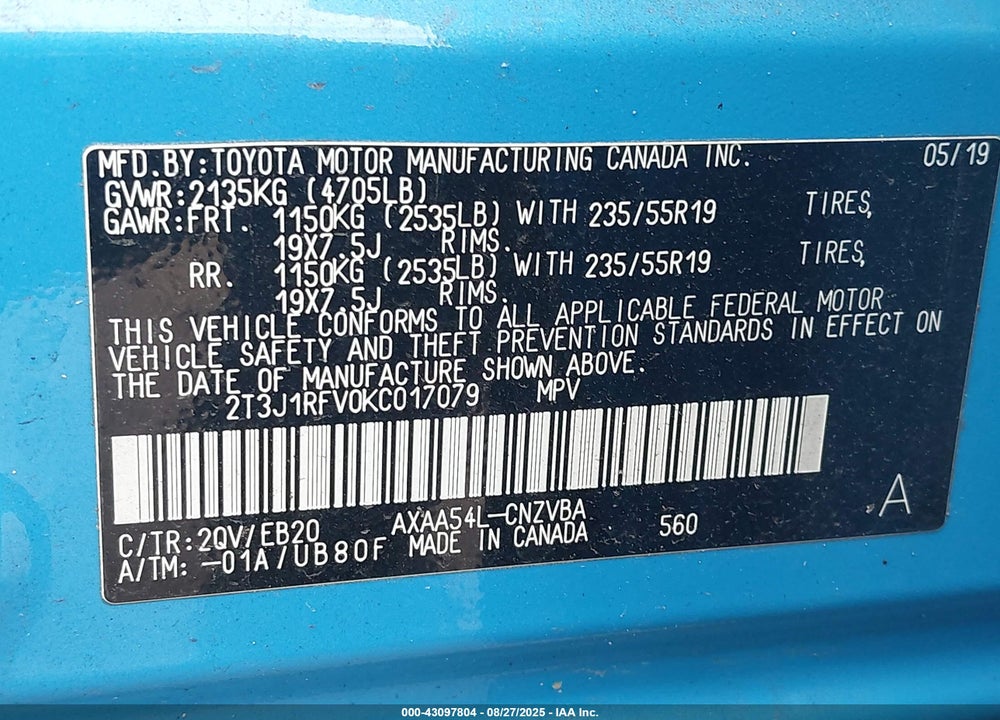 2019 TOYOTA RAV4 VIN: 2T3J1RFV0KC017079
