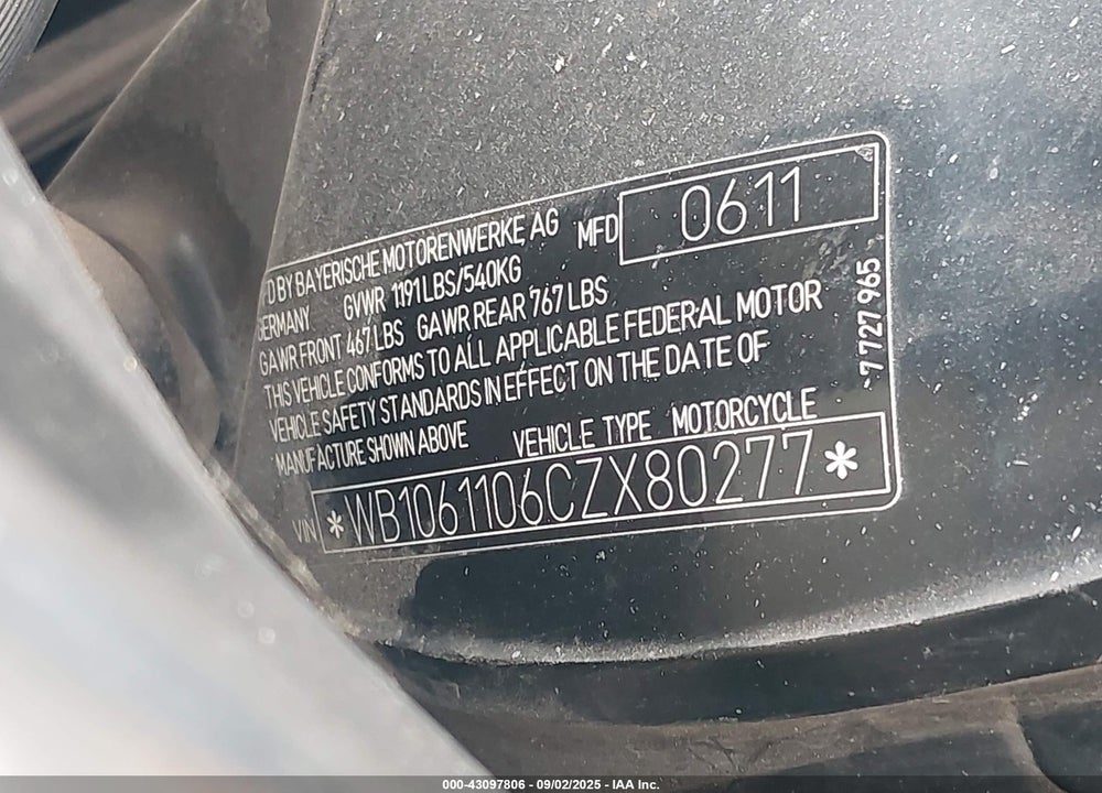2012 BMW K1600 VIN: WB1061106CZX80277