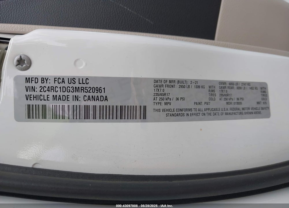 2021 CHRYSLER VOYAGER LXI VIN: 2C4RC1DG3MR520961