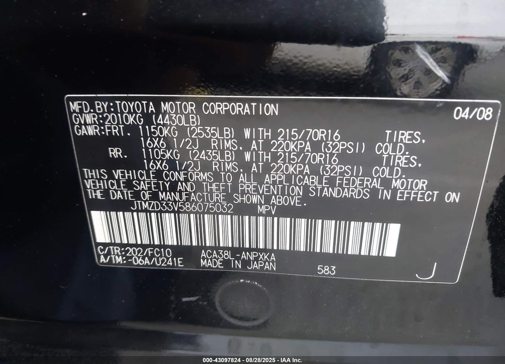 2008 TOYOTA RAV4 VIN: JTMZD33V586075032