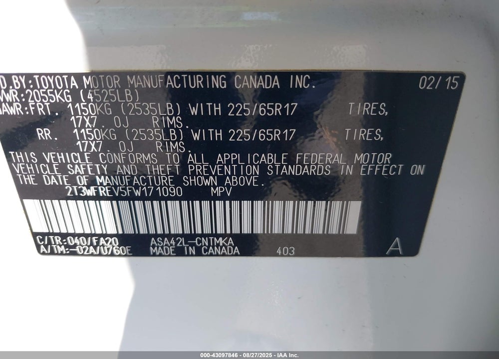 2015 TOYOTA RAV4 XLE VIN: 2T3WFREV5FW171090