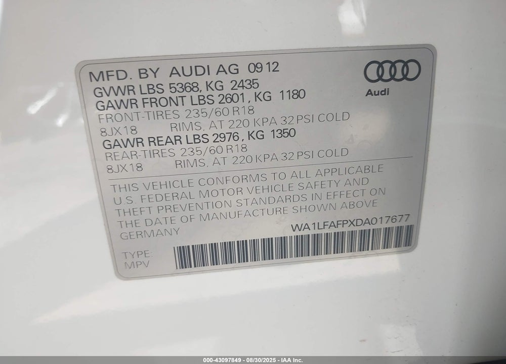 2013 AUDI Q5 VIN: WA1LFAFPXDA017677