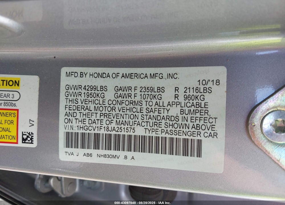 2018 HONDA ACCORD VIN: 1HGCV1F18JA251575