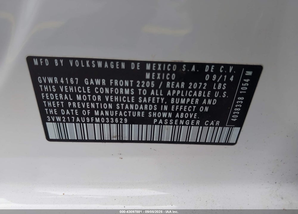 2015 VOLKSWAGEN GOLF VIN: 3VW217AU9FM033629
