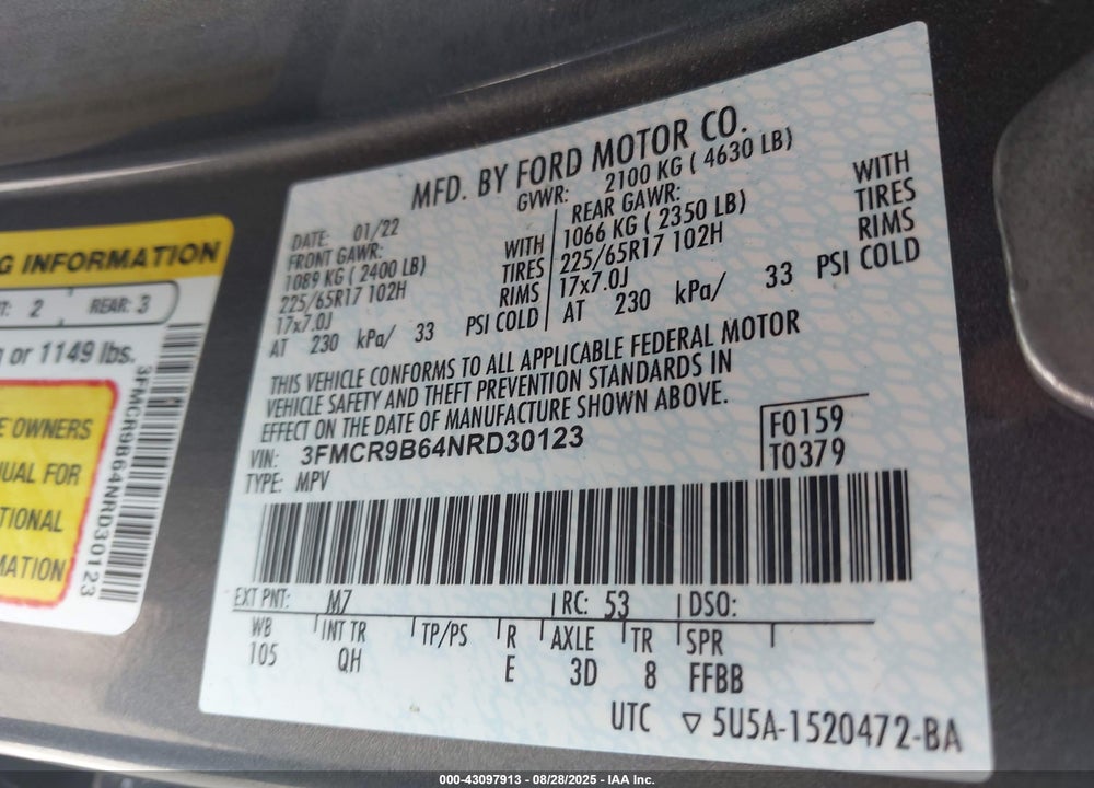 2022 FORD BRONCO SPORT VIN: 3FMCR9B64NRD30123