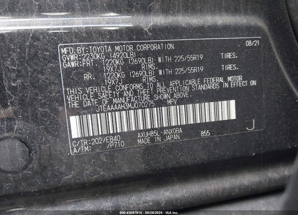 2021 TOYOTA VENZA VIN: JTEAAAAH3MJ070275