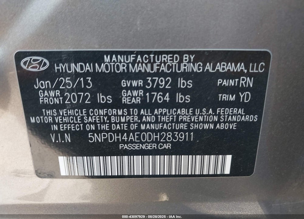 2013 HYUNDAI ELANTRA VIN: 5NPDH4AE0DH283911