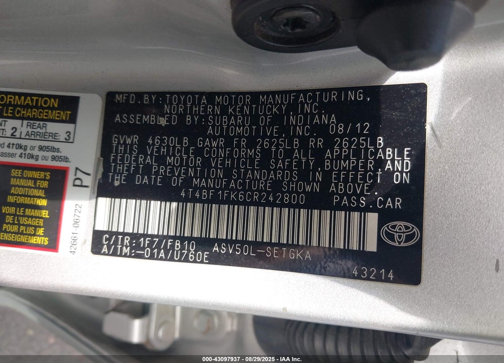 2012 TOYOTA CAMRY VIN: 4T4BF1FK6CR242800