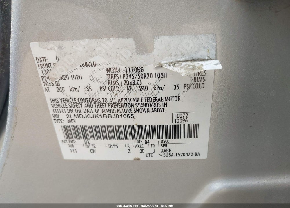 2011 LINCOLN MKX VIN: 2LMDJ6JK1BBJ01065