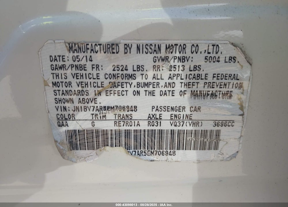 2014 INFINITI Q50 VIN: JN1BV7AR5EM706948