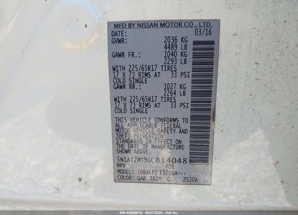 2016 NISSAN ROGUE VIN: 5N1AT2MT9GC814048