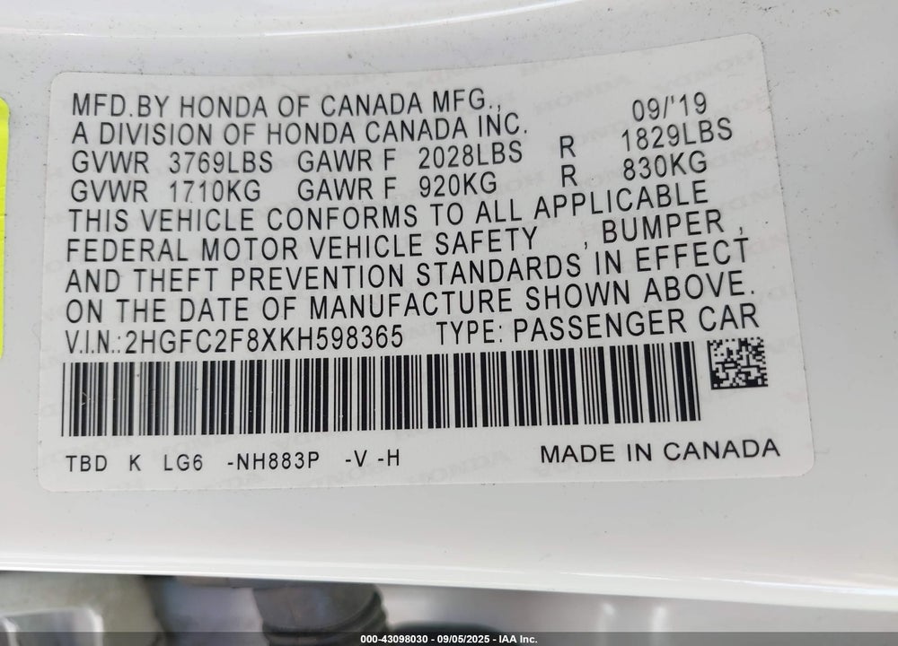 2019 HONDA CIVIC SPORT VIN: 2HGFC2F8XKH598365