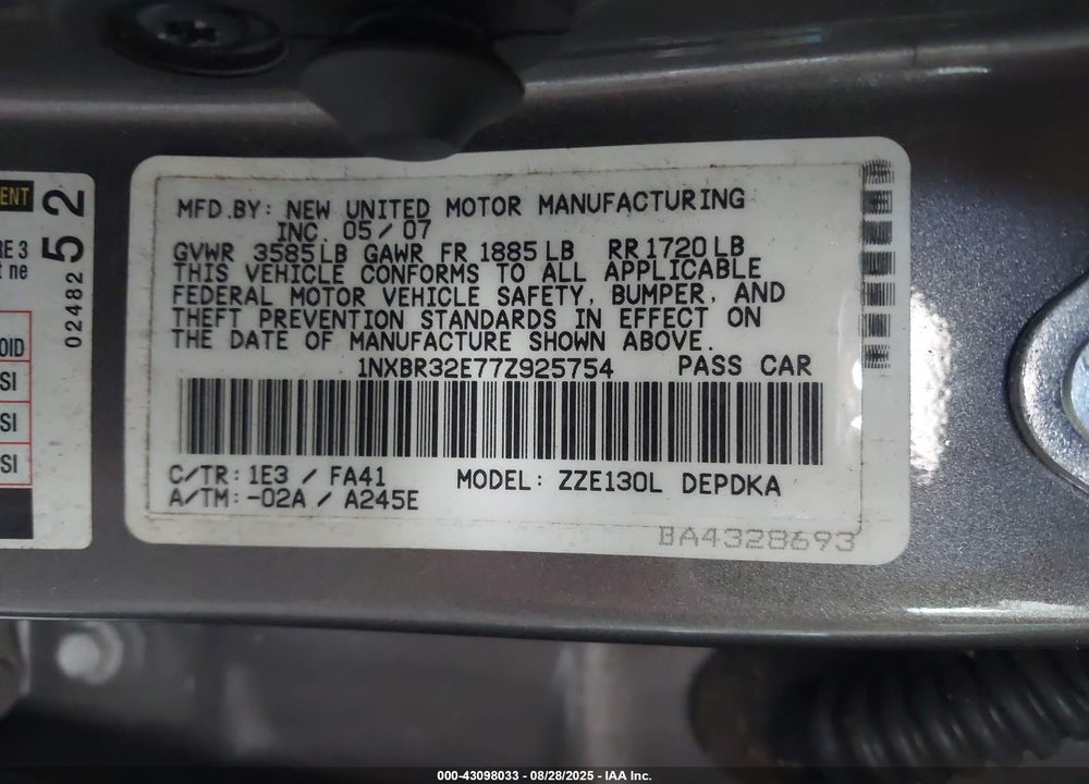 2007 TOYOTA COROLLA CE VIN: 1NXBR32E77Z925754