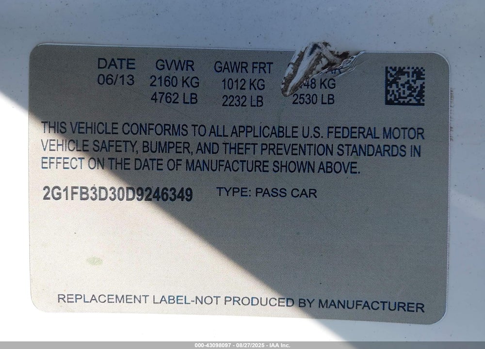 2013 CHEVROLET CAMARO VIN: 2G1FB3D30D9246349