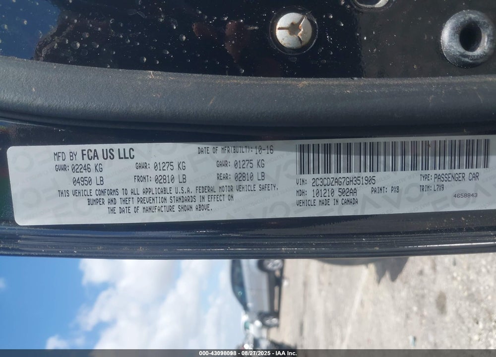 2016 DODGE CHALLENGER SXT VIN: 2C3CDZAG7GH351905