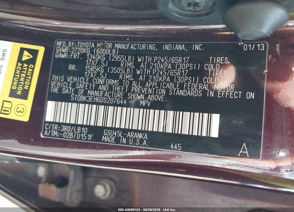 2013 TOYOTA HIGHLANDER VIN: 5TDBK3EH6DS207644