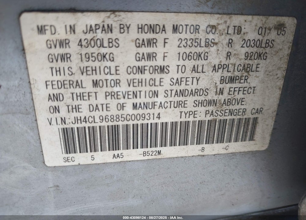 2005 ACURA TSX VIN: JH4CL96885C009314