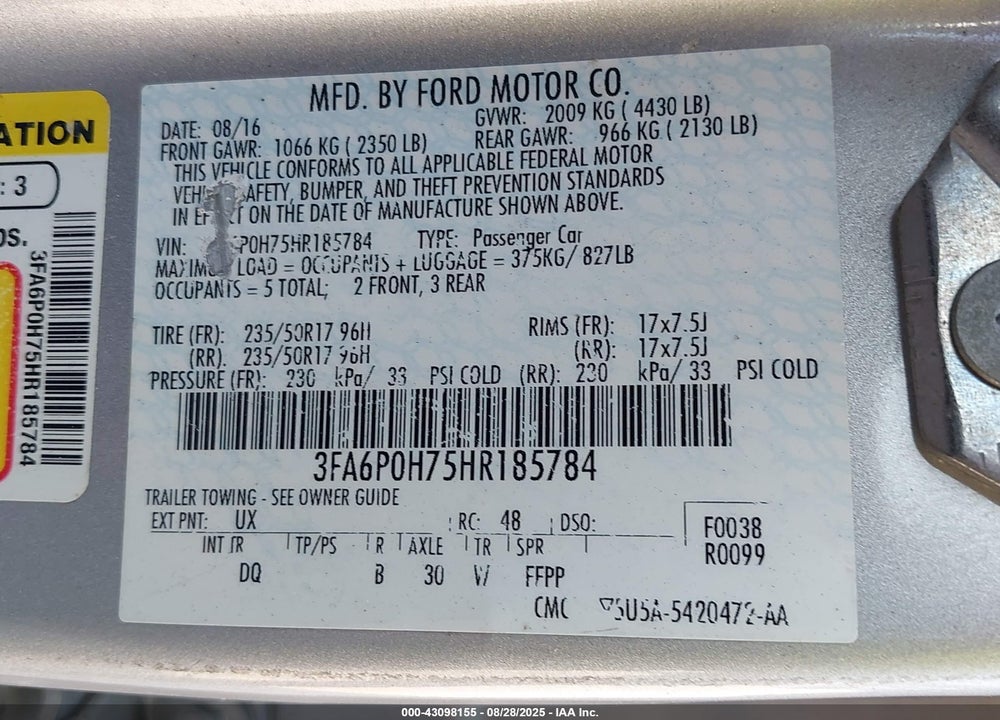 2017 FORD FUSION VIN: 3FA6P0H75HR185784