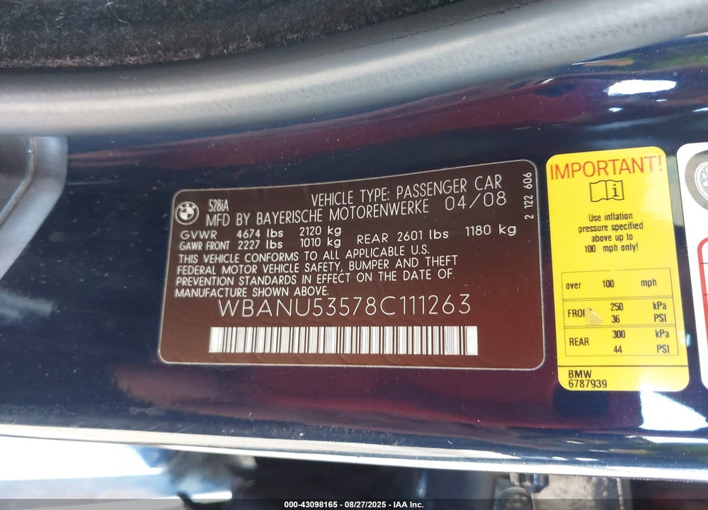 2008 BMW 5 SERIES VIN: WBANU53578C111263
