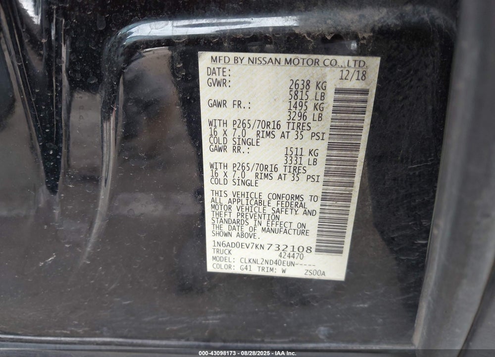 2019 NISSAN FRONTIER VIN: 1N6AD0EV7KN732108