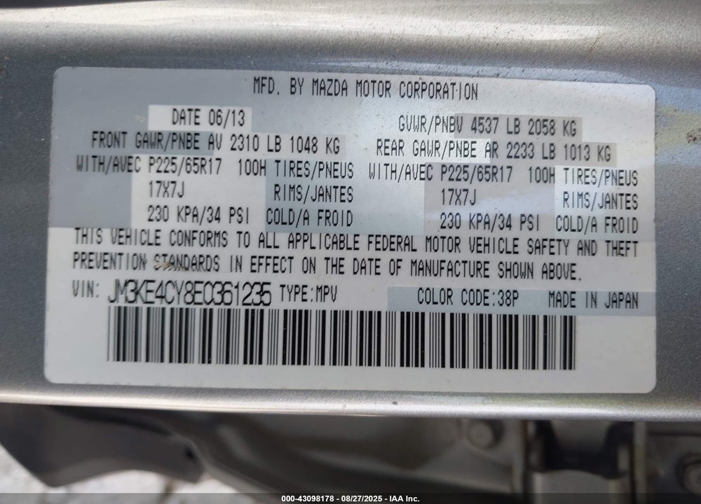 2014 MAZDA CX-5 TOURING VIN: JM3KE4CY8E0361235