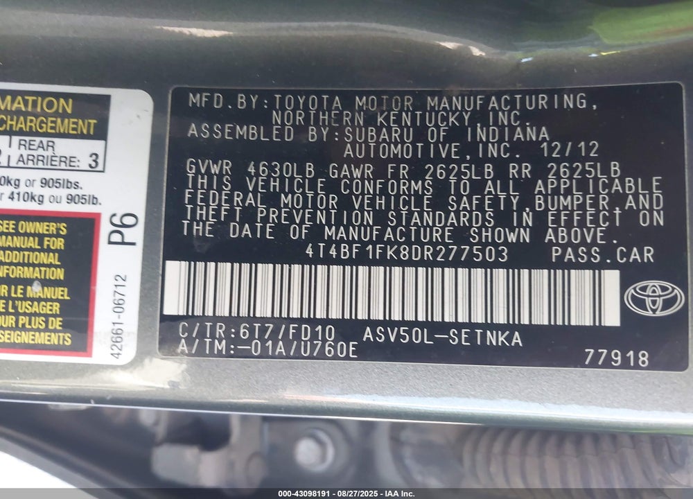 2013 TOYOTA CAMRY LE VIN: 4T4BF1FK8DR277503