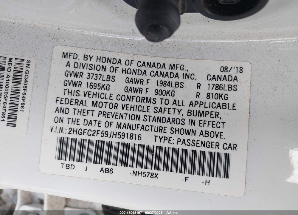 2018 HONDA CIVIC VIN: 2HGFC2F59JH591816