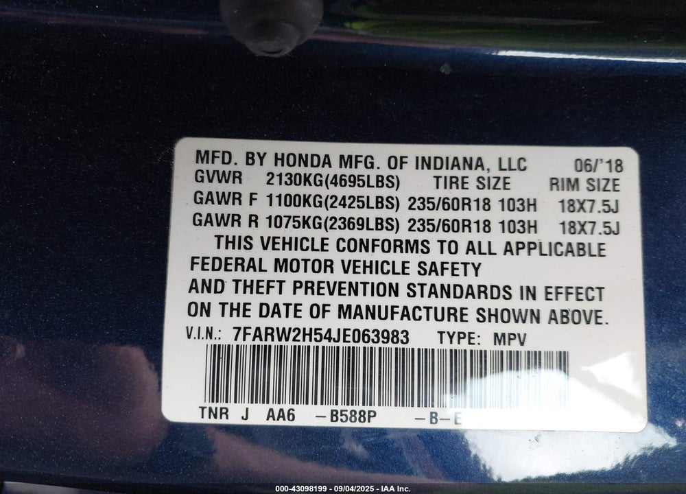 2018 HONDA CR-V EX VIN: 7FARW2H54JE063983