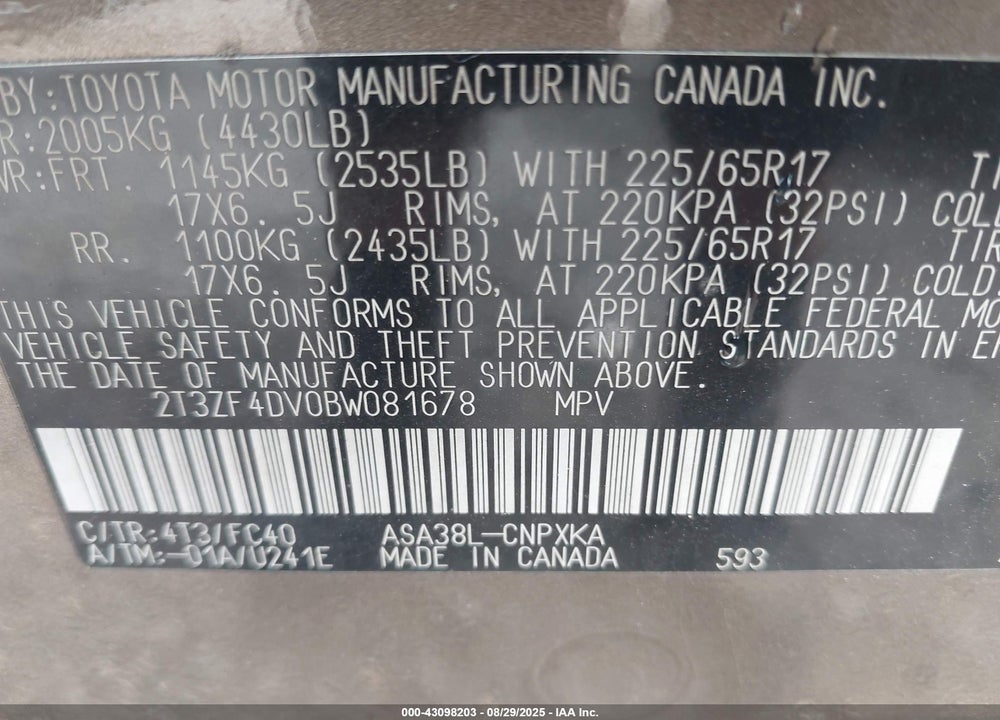 2011 TOYOTA RAV4 VIN: 2T3ZF4DV0BW081678