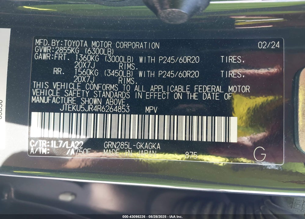 2024 TOYOTA 4RUNNER VIN: JTEKU5JR4R6264853