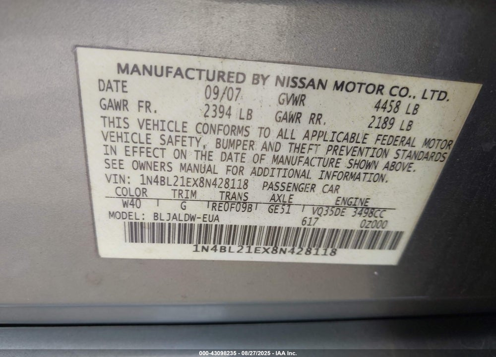 2008 NISSAN ALTIMA 3.5 SE VIN: 1N4BL21EX8N428118