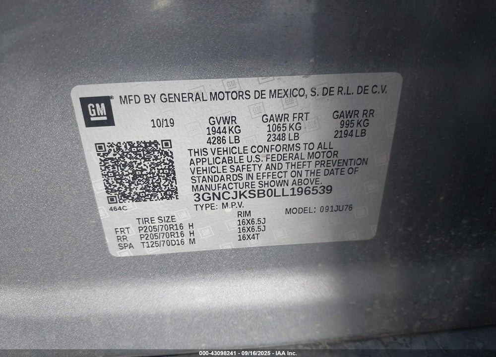 2020 CHEVROLET TRAX FWD LS VIN: 3GNCJKSB0LL196539