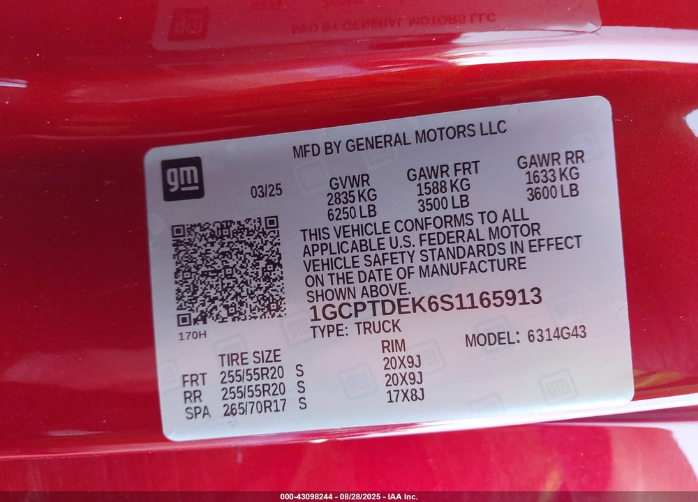 2025 CHEVROLET COLORADO VIN: 1GCPTDEK6S1165913
