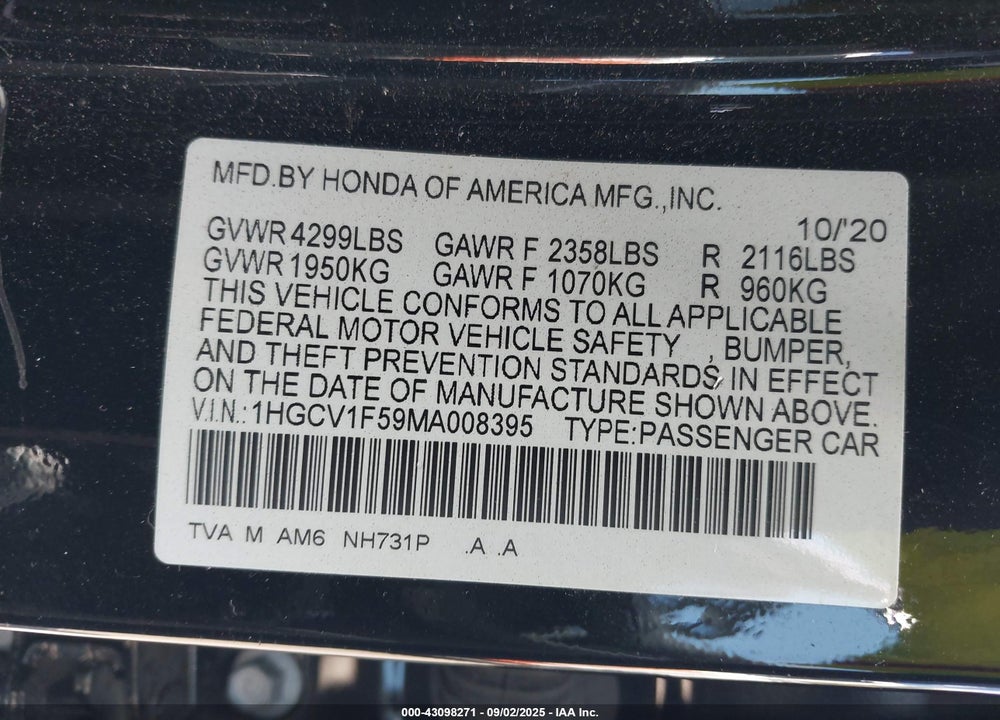 2021 HONDA ACCORD VIN: 1HGCV1F59MA008395