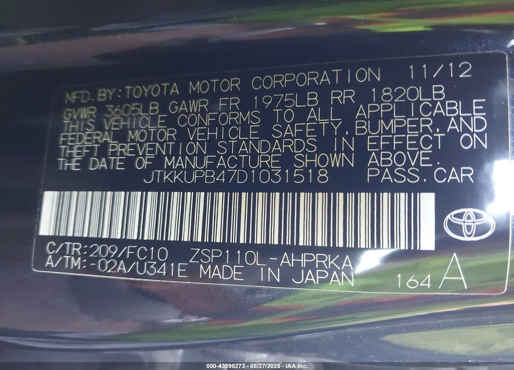 2013 SCION XD VIN: JTKKUPB47D1031518